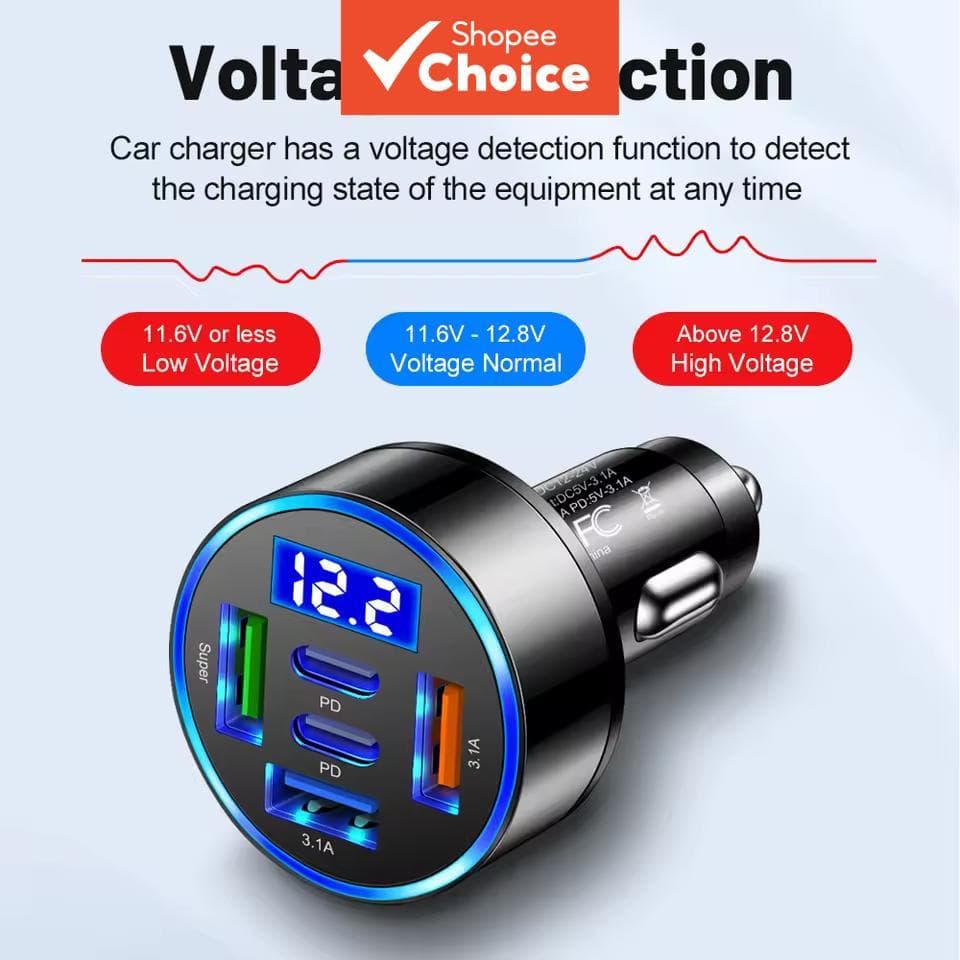 Carregador Veicular 100W Super Rápido 6 em 1 com Múltiplas Portas e Display Digital para Carro, Carregador para Celular