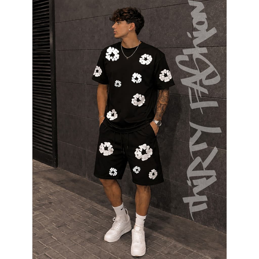 Conjunto Masculino Floral Minimalista Gringo Hype | Kit Camiseta + Short Moletom Verão 2026