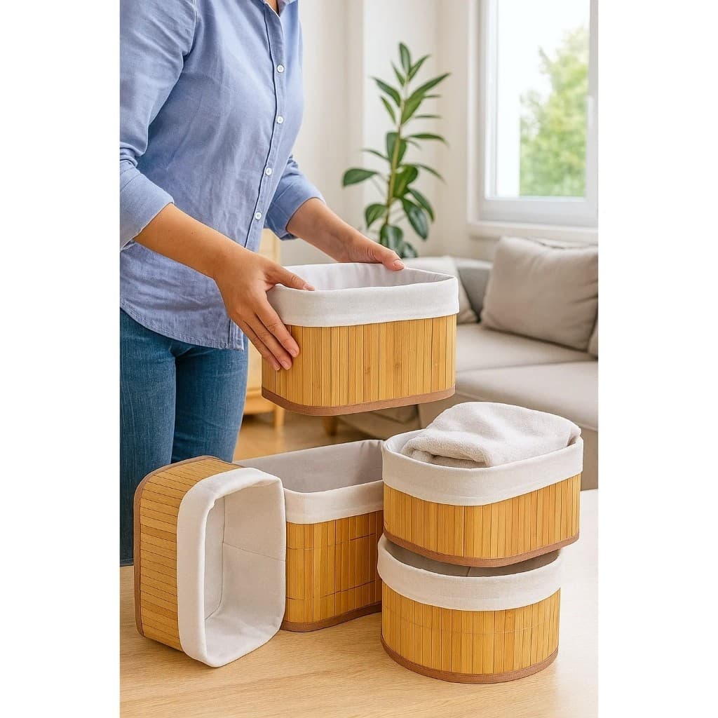 Kit 4 Cestos Bambu Organizadores Armazena Decoração Casa Banheiro Objetos Caixa Pote Servir Café