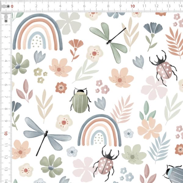 Tecido Tricoline Digital Insetos Campo Florido Estampas Infantis Artesanato Patchwork Costura