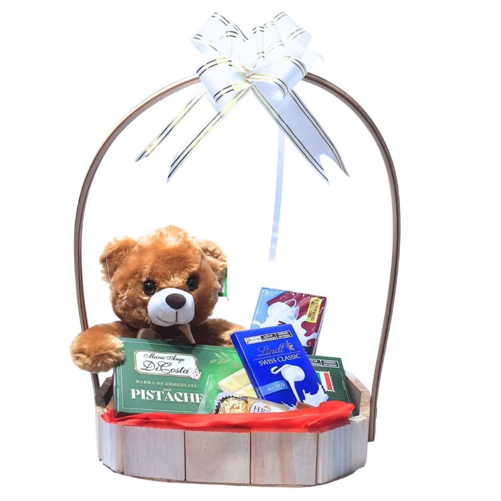 Cesta com Chocolates Importados, Lindt, Ferrero e Urso