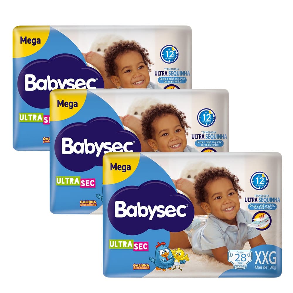 Kit 3x Fralda BabySec Ultrasec Galinha Pintadinha Mega XXG 28un – Super Absorvente e Econômica