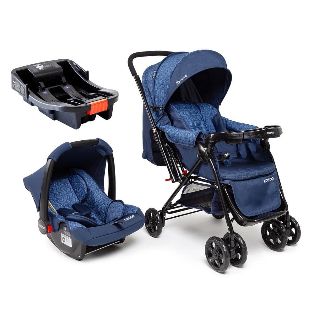 Carrinho Com Bebê Conforto e Base Cosco Kids Travel System Trio Reverse Alça Reversível Azul