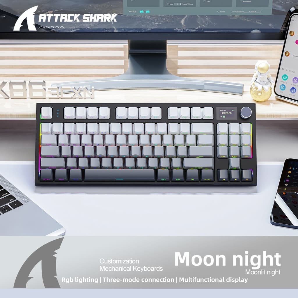Teclado Mecânico Com Botão De Metal Attack Shark K86 , Tela TFT , Troca Quente , RGB , Bluetooth/Sem Fio , Para Jogos Ma
