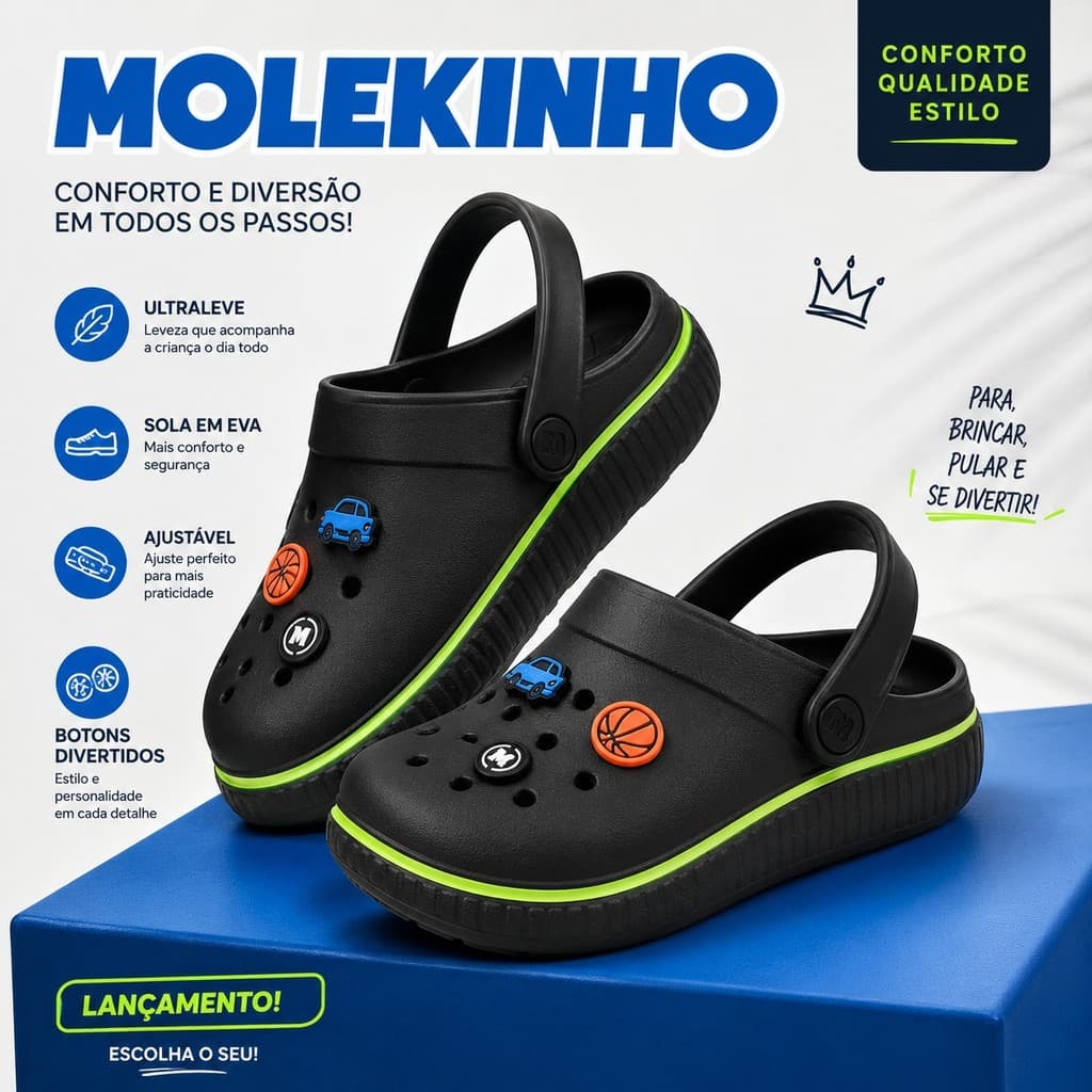 Sandália Infantil Menino Calçados Molekinho Clog Babuche EVA Tira PVC Papete Leve Confortável
