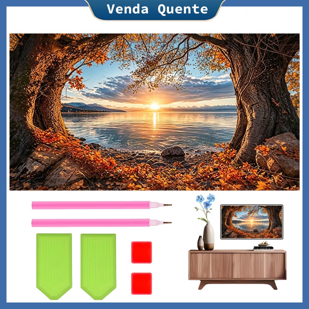 "Autumn Lake Sunset" pintura diamante 70x40 cm, 5D Pintura Diamante, Decoração Da Parede Pintura Artesanal