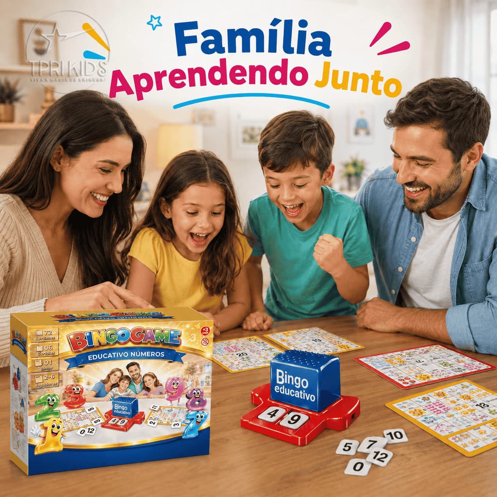 Jogo Bingo Infantil Educativo Números Pedagógico com Cartela Brinquedo Completo Ejetor Família