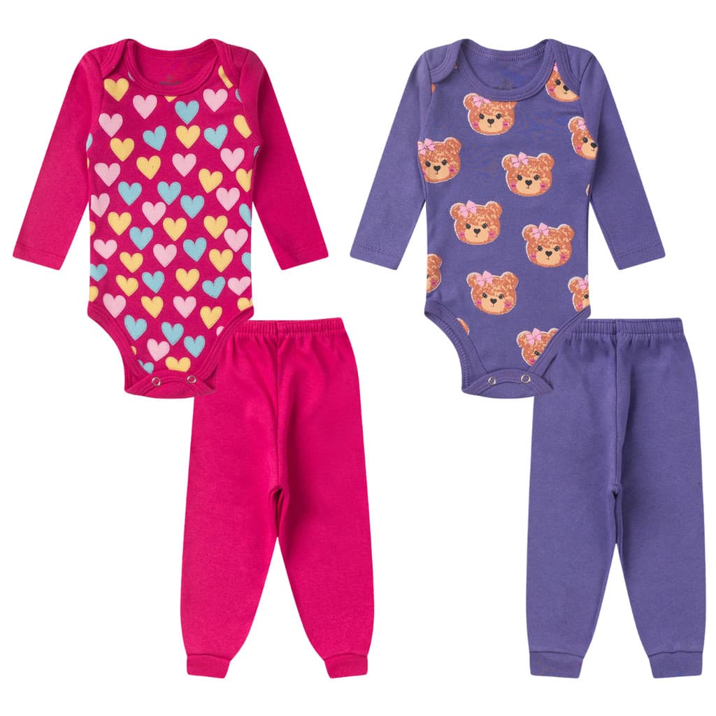 Kit 4 Peças Body Bebê Manga Longa Roupas de Bebê Menina 100% Algodão