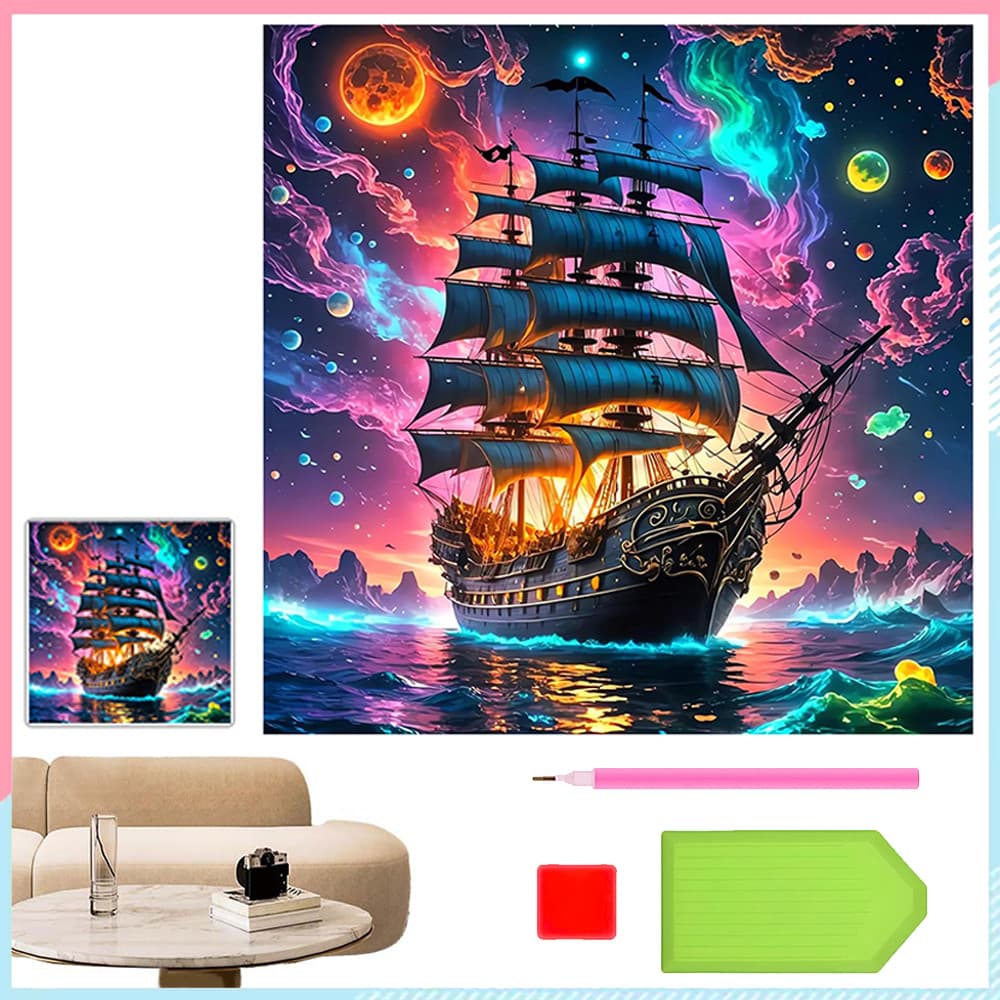 30 x 30 cm, Conjunto de pintura diamante 5D para adultas Barco pirata Pintura artística com diamante quadrados