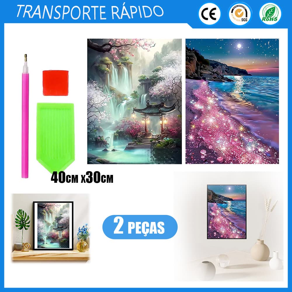 2x Pintura Diamante Quadrada 5D 40x30cm Arte com Strass Decoração de Parede para Casa Cascata Mágica + Praia