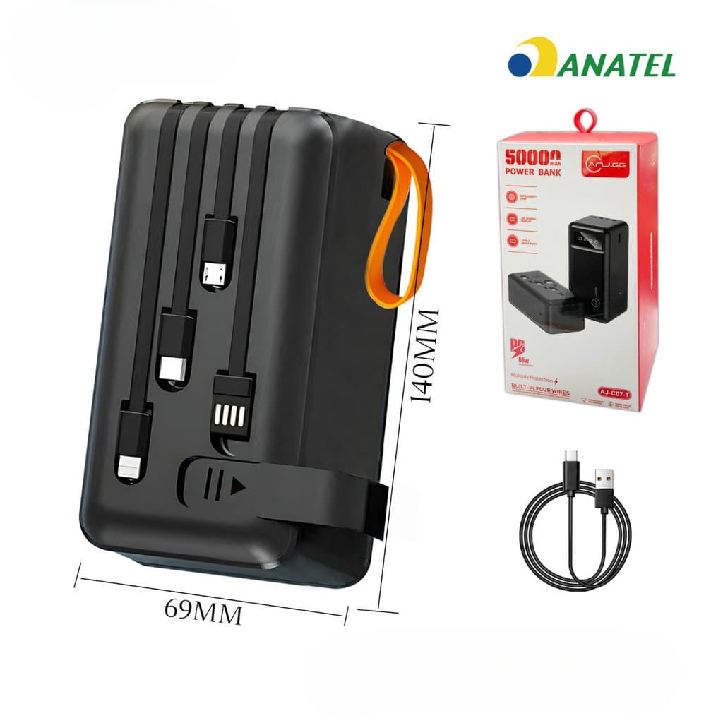 Power Bank 50000mAh com Cabos Integrados USB Tipo-C Lightning Micro USB Portátil Alta Capacidade