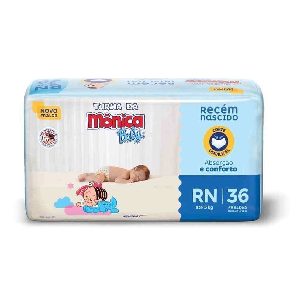 Fralda Descartável Turma Da Mônica Baby QuatroSec Recém Nascido RN C/36 Unidades Rápida Absorção