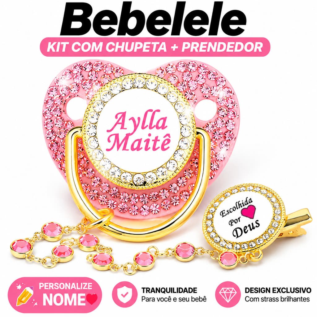 Chupeta de bebê rosa com diamante, inclui clipe de fixação, nome e foto personalizados