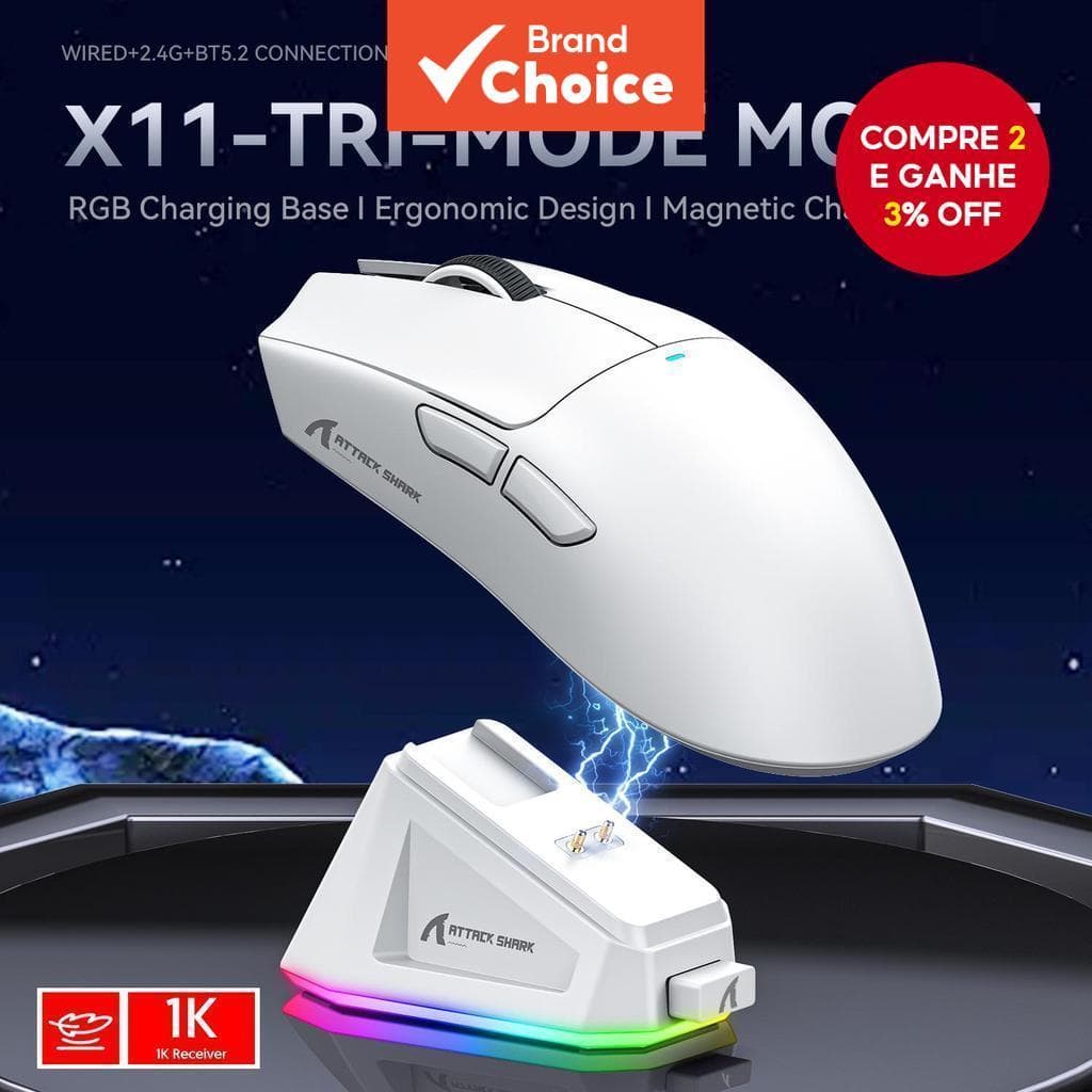  Mouse Gamer Sem Fio Attack Shark X11 3 Modos, PAW3311, 22000DPI, 400IPS, Mouse Gamer para PC
