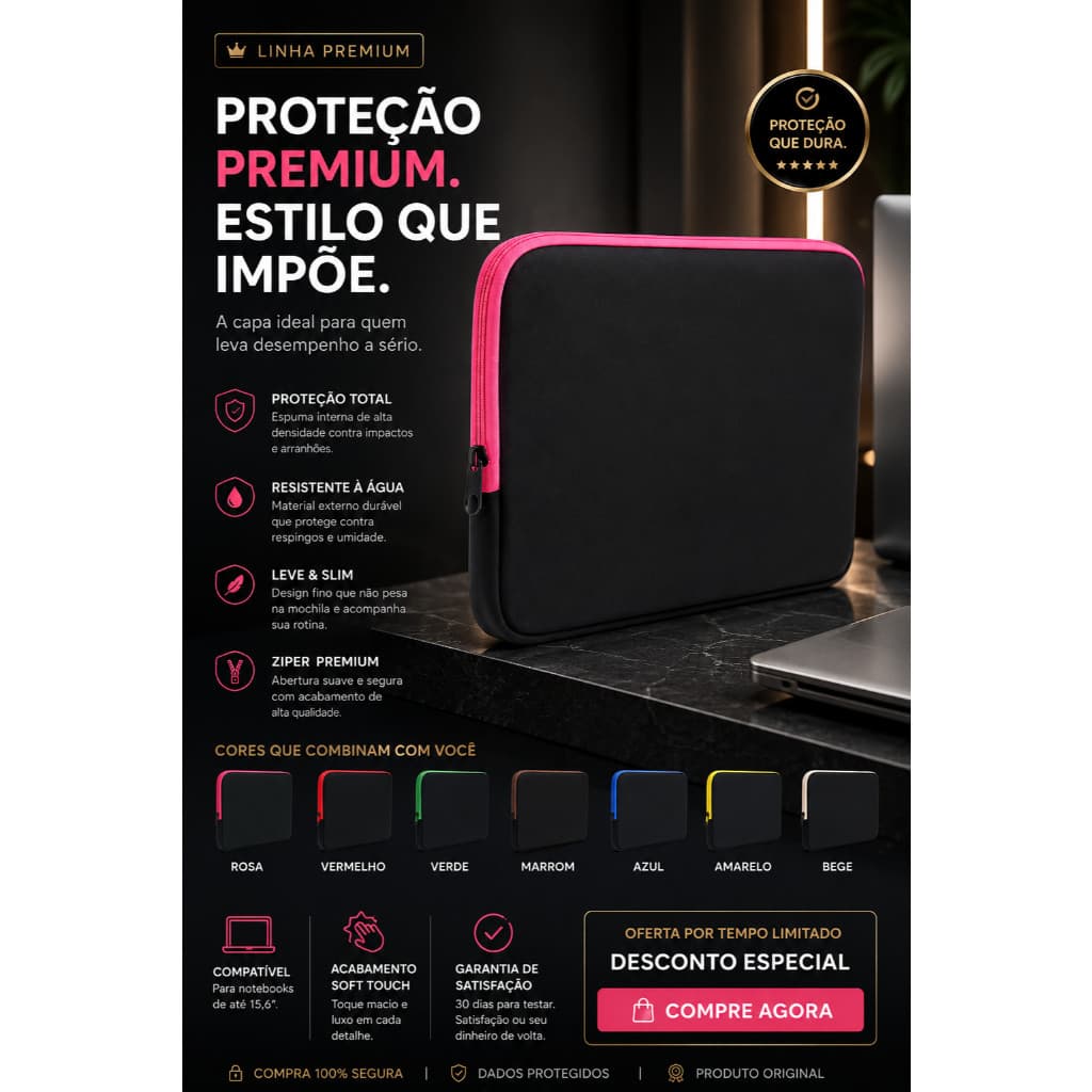 Capa Premium para Notebook  | Sleeve Soft Touch Antichoque e Impermeável