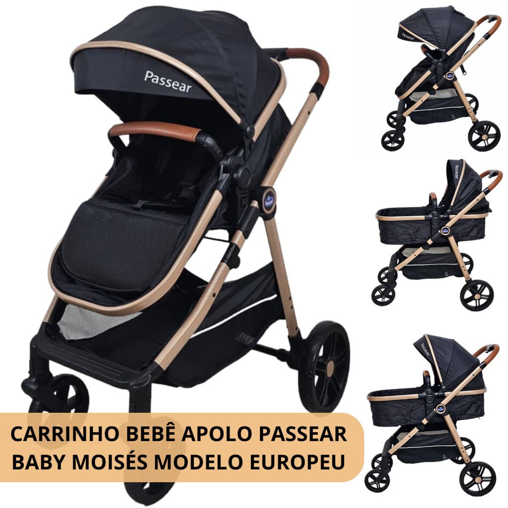 Carrinho de Bebê Apolo Passear Baby Travel System Moisés Reversível Cor Preto Chassi Dourado modelo Europeu