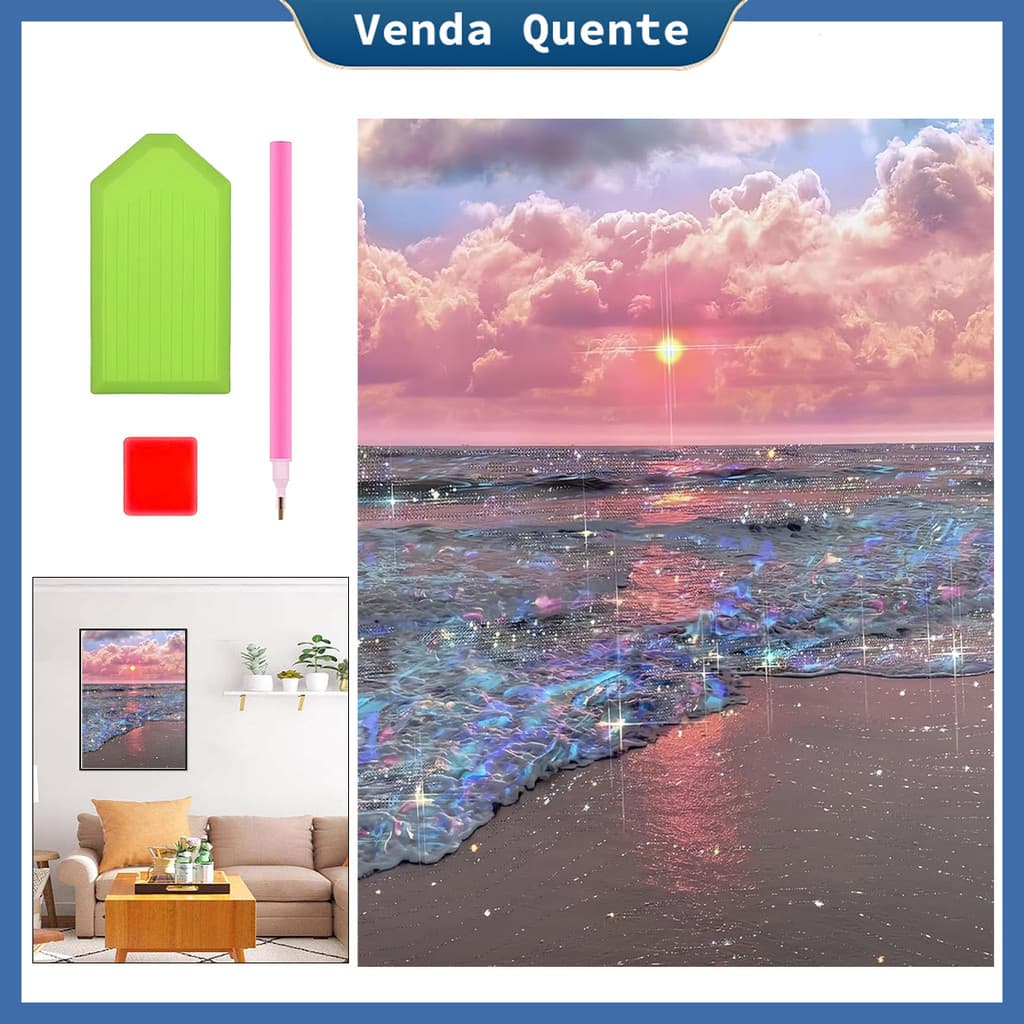 "Nuvem Rosa Dourada Praia Dourada" Pintura Diamante 40x30 cm, 5D Pintura Diamante, Decoração Da Parede Pintura Artesanal
