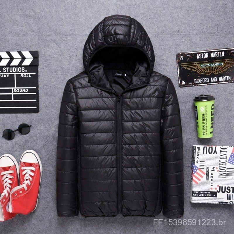 Jaqueta masculina acolchoada de algodão com capuz outono inverno novo estilo cor sólida leve leve jaqueta acolchoada de 