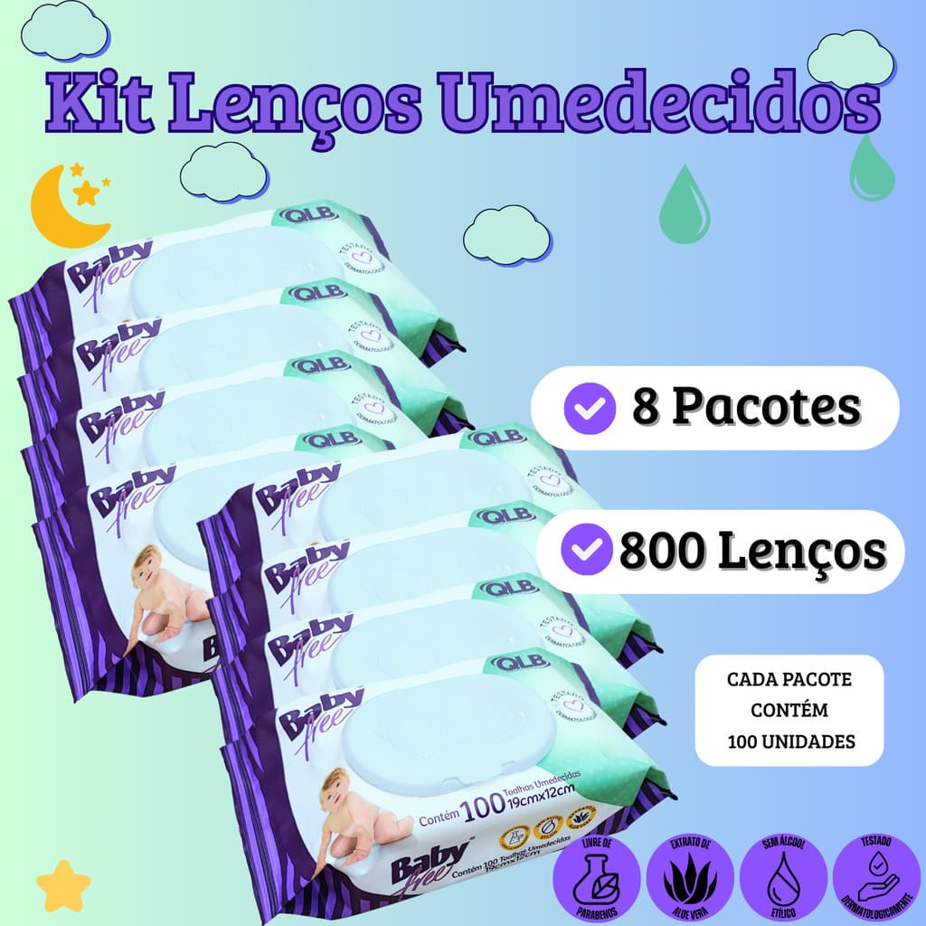 Kit Lenço Umedecido 800un Baby Free Toalha Umedecida Bebê Qualybless 8 Pacotes