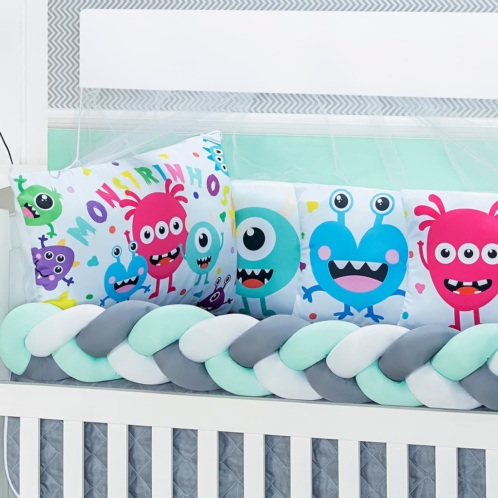 Kit Berço Sublimado 10 Peças Enxoval Completo Bebê Quarto Infantil Trança Protetor Almofadas Mosquiteiro Decoração