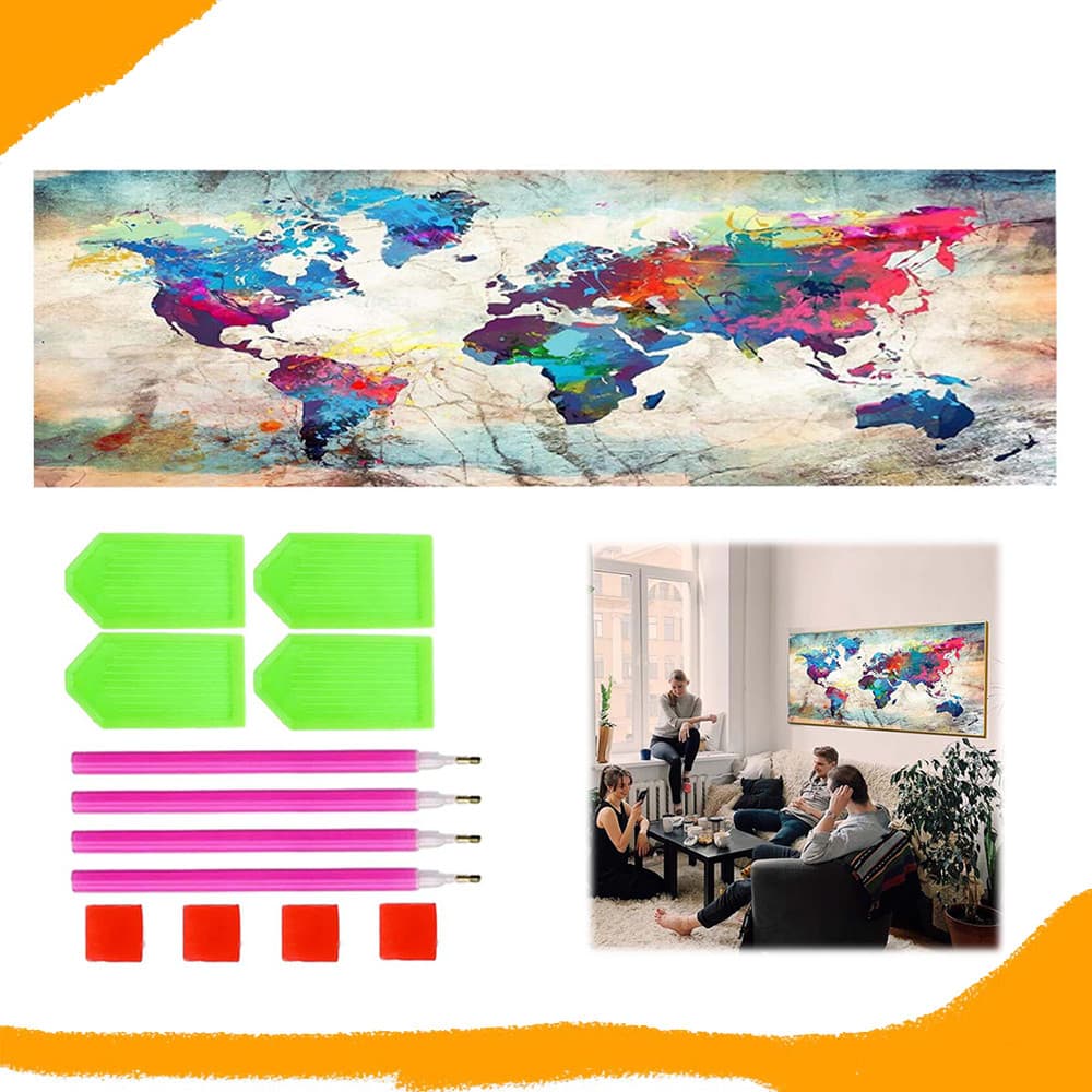 Mapa-múndi, Diamantes redondo, pintura com diamantes 5D DIY, kit inicial para pintura com diamantes, 120 x 40 cm