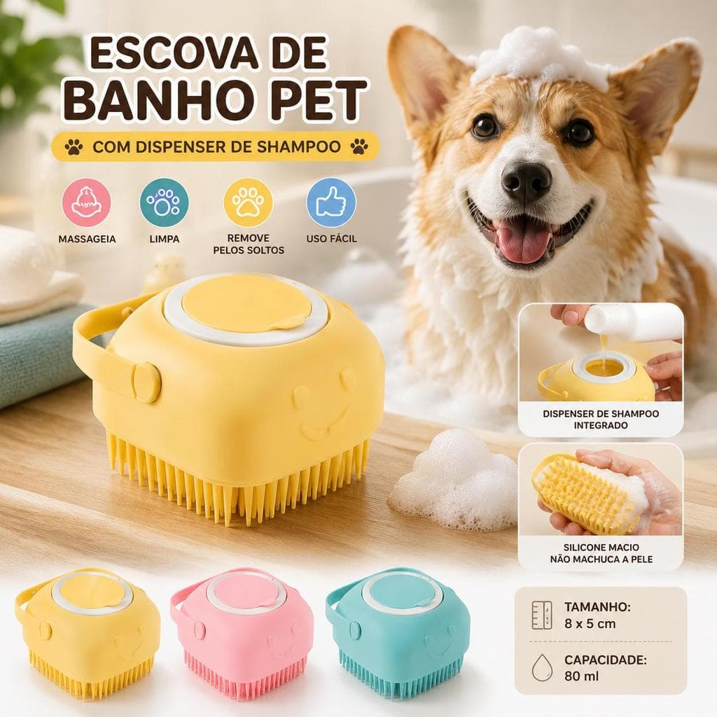 Escova de Banho Pet com Dispenser de Shampoo Silicone Macio Massageador para Cachorros e Gatos