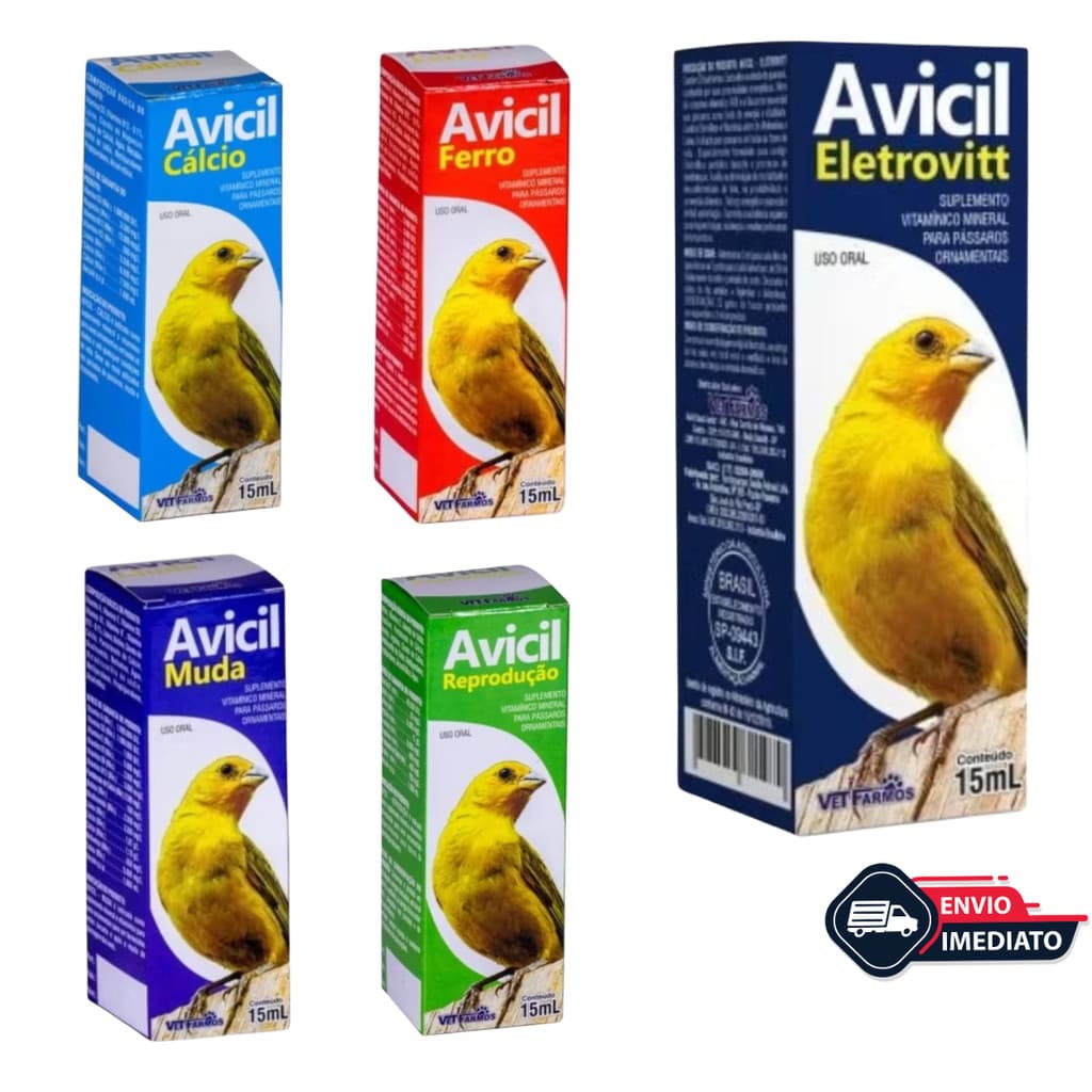 Suplemento Vitamina Aves Avicil 15ml p/ Pássaros - FERRO | ELETROVIT | REPRODUÇÃO | CÁLCIO | VITAMINA E | COMPLEXO VITAM