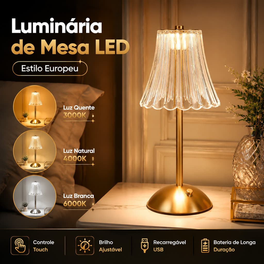 Luminária de Mesa LED Abajur Cristal Touch Recarregável 3 Cores Sem Fio Candeeiro Cabeceira Quarto Sala Decoração