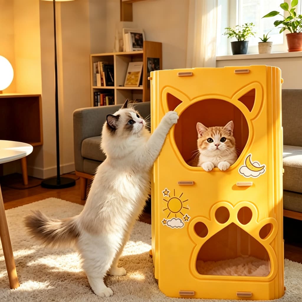 Casinha de Gato Duplo Andar em Feltro esistente, Abrigo Aconchegante Anti Coceira, Casa Pet com Dois Ambientes
