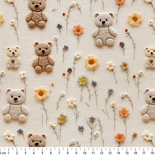 Tecido Tricoline Digital 3D Ursinhos e Flores Artesanato Patchwork Ateliê Pano Costura DIY