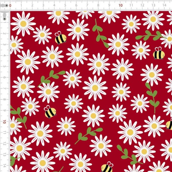 Tecido Tricoline Estampado Abelha e Margaridas Fundo Vermelho Patchwork Inspiração Artesanato