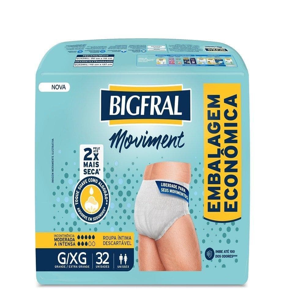 Fralda Descartável Adulto Bigfral Roupa Íntima  Moviment Tamanho G/XG - 4 Pacotes com 32 Fraldas - Total 128 Tiras