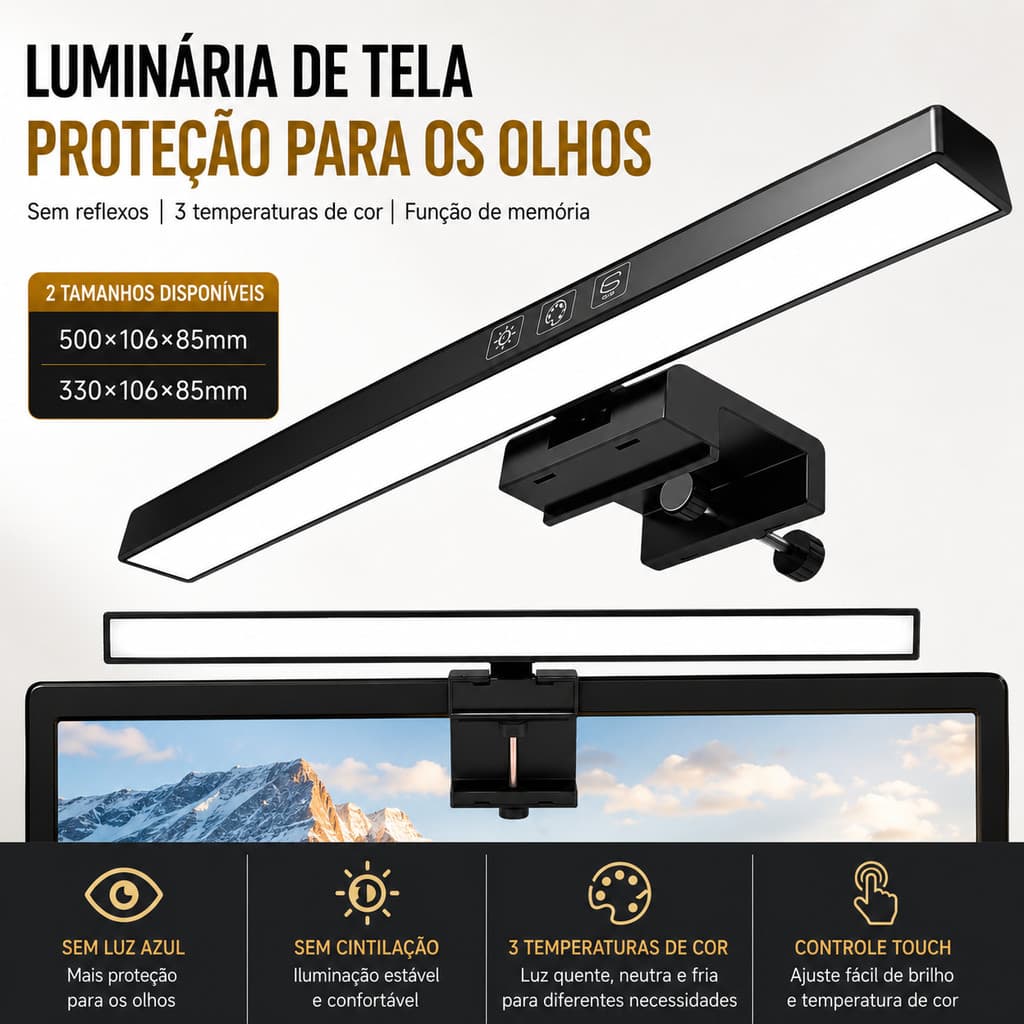 Luminária Barra De Led Para Monitor Gamer Anti Reflexo 3 Cores Brilho Regulável Lightbar P/ PC 33cm 50cm Type-C