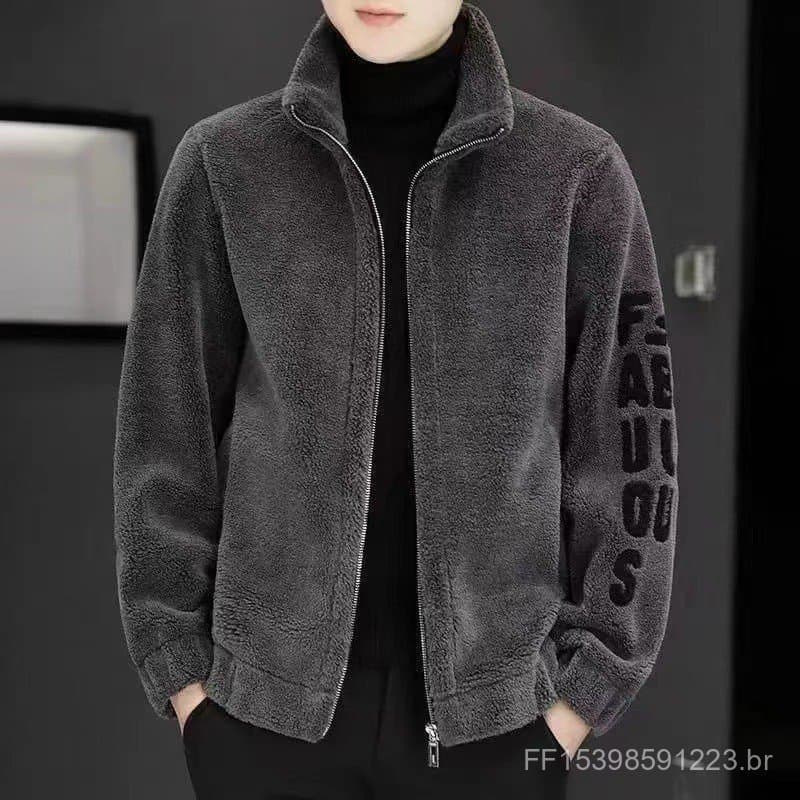 Jaqueta masculina outono inverno ovelha corte gola alta jaqueta masculina bordada um cordeiro velo jaqueta masculina.