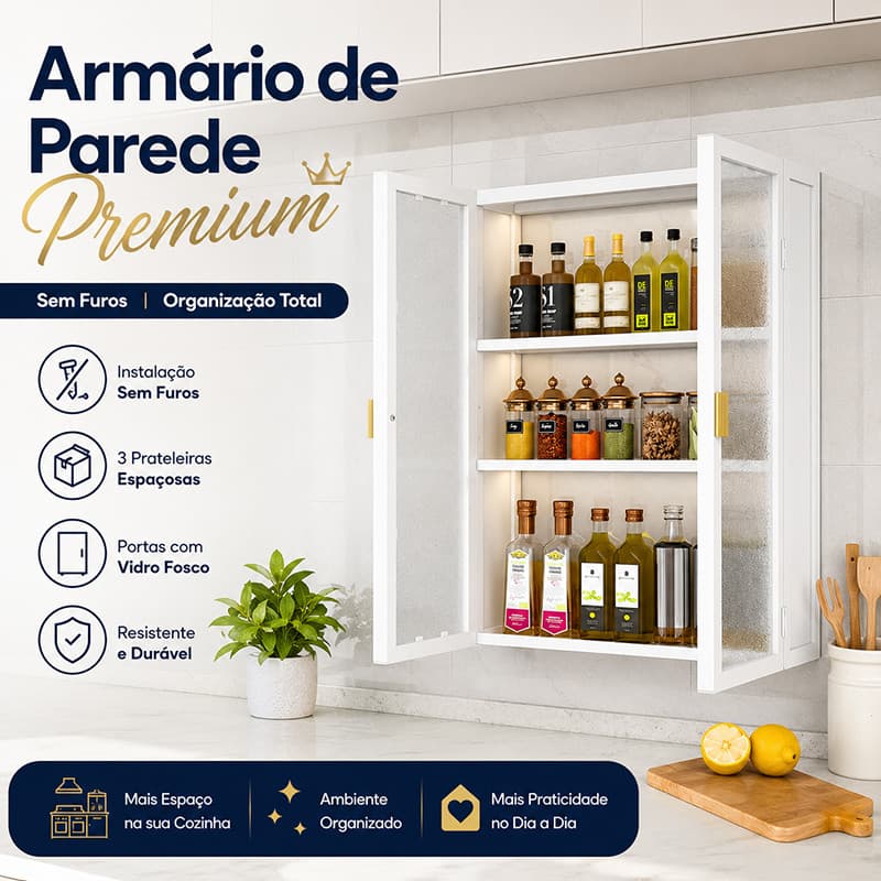 Armario De Parede Multiuso Cozinha Prateleira Organizadora Porta Condimentos Fechado Sem Furo Alta Capacidade Luxo