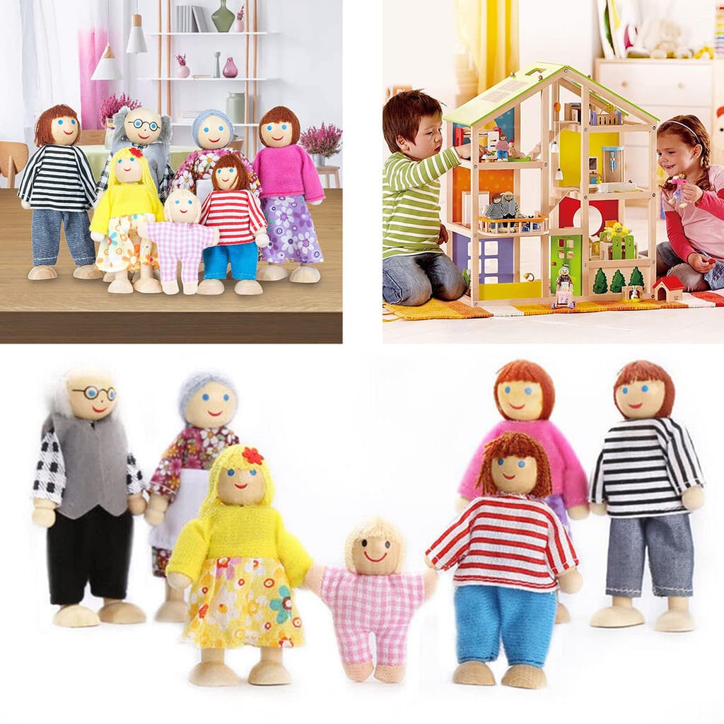Conjunto de Família em Miniatura, 7 Peças, Boneca Feliz, Brinquedo, Bonecas de Madeira Articuladas, Crianças, Muppet, Br
