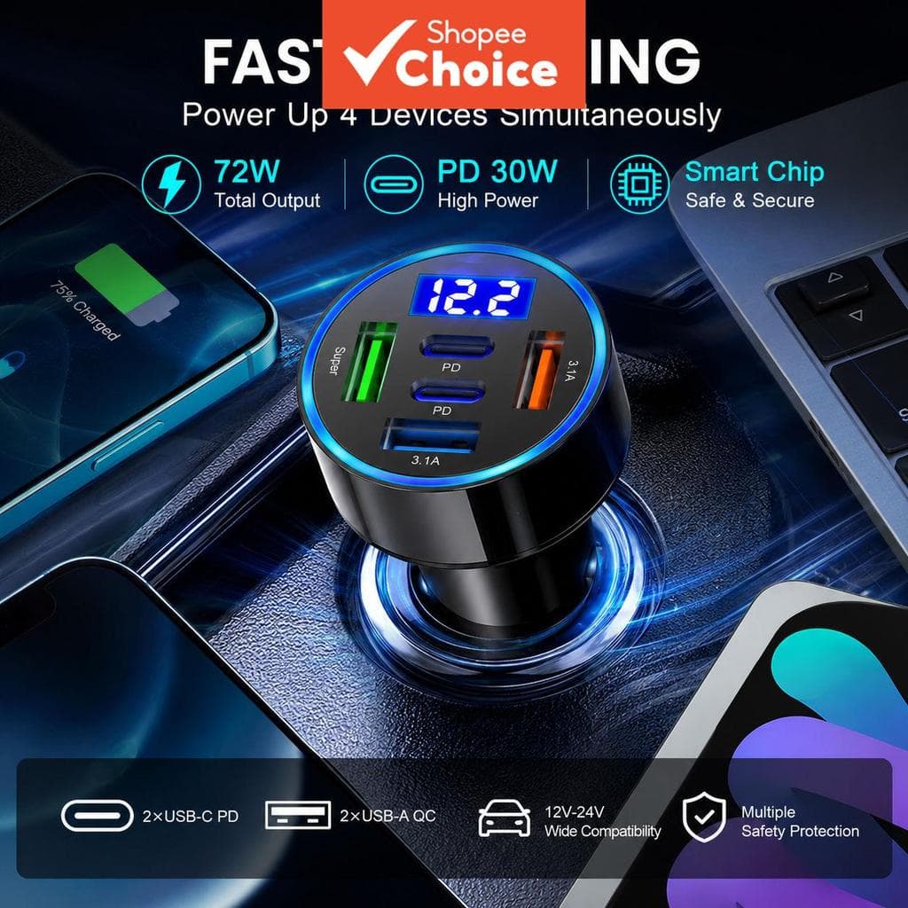 5 Portas Carregador Veicular USB C Carregamento Rápido 3USB 2PD Tipo C Adaptador