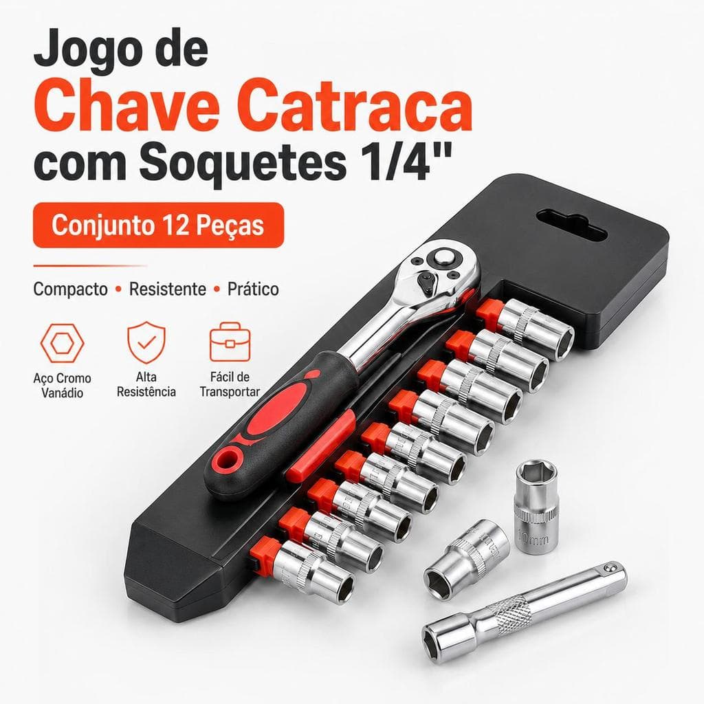 Jogo de Chave Catraca 1/4" com Soquetes 12 Peças, Aço Cromo-Vanádio, Cabo Emborrachado, Extensor e Suporte Compacto