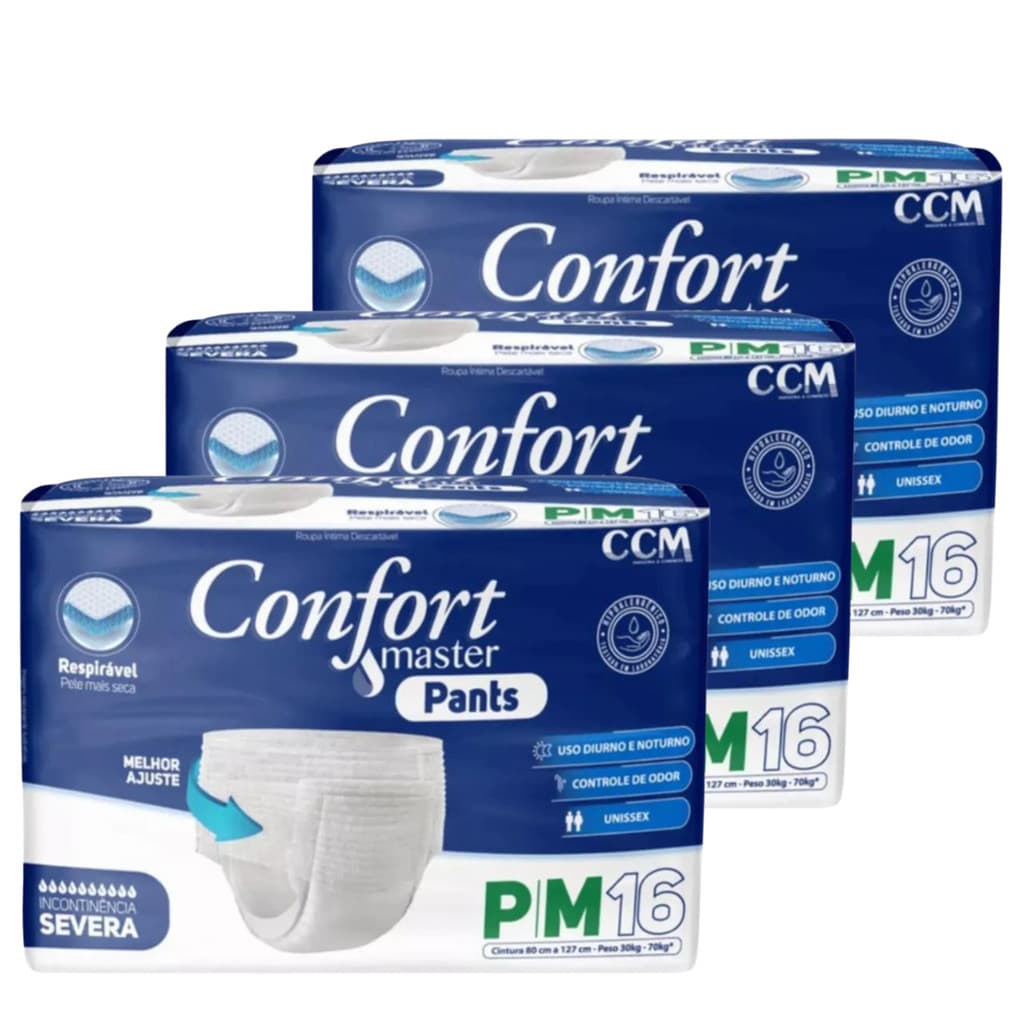 Kit 3 Fraldas Calça Descartável Geriátrica Adulto Confort Master Pants - P M Total 48 Unidades