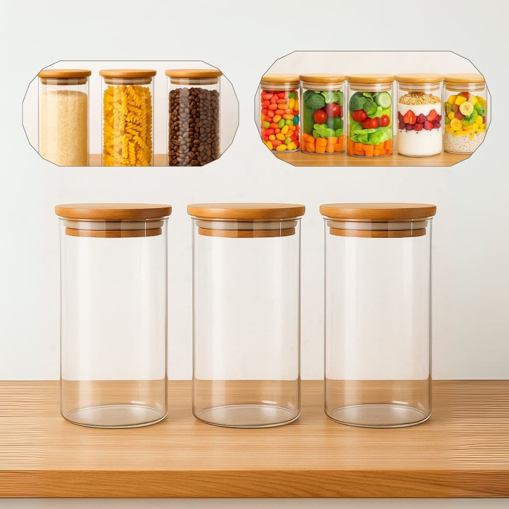 Kit Potes de Vidro 600 ML Tampa de Bambu Hermetico Premium Redondo Mantimentos Tempero Alimentos