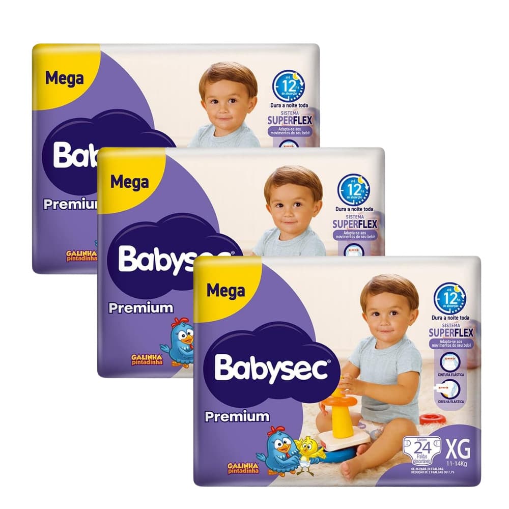 3 Pacotes de Fralda BabySec Premium Galinha Pintadinha Mega XG c/24un