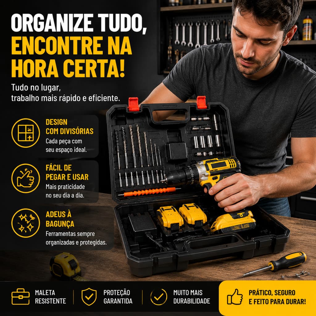 Furadeira/Parafusadeira 26V Dual Baterias, Conjunto com Estuche e Ferramentas Inclusas