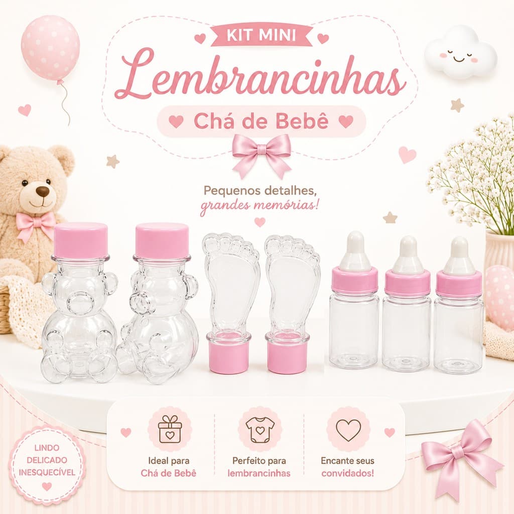 Kit Chá de Bebe 10 Urso 10 Mamadeira 10 Tubete Pezinho Pé Lembrancinha Fest Chá revelação