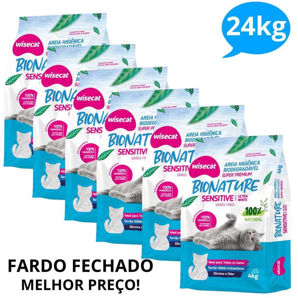 Kit 6 Areia FARDO Sanitária De Mandioca 4kg Grãos Finos Para Gatos Biodegradável Wisecat 4kg