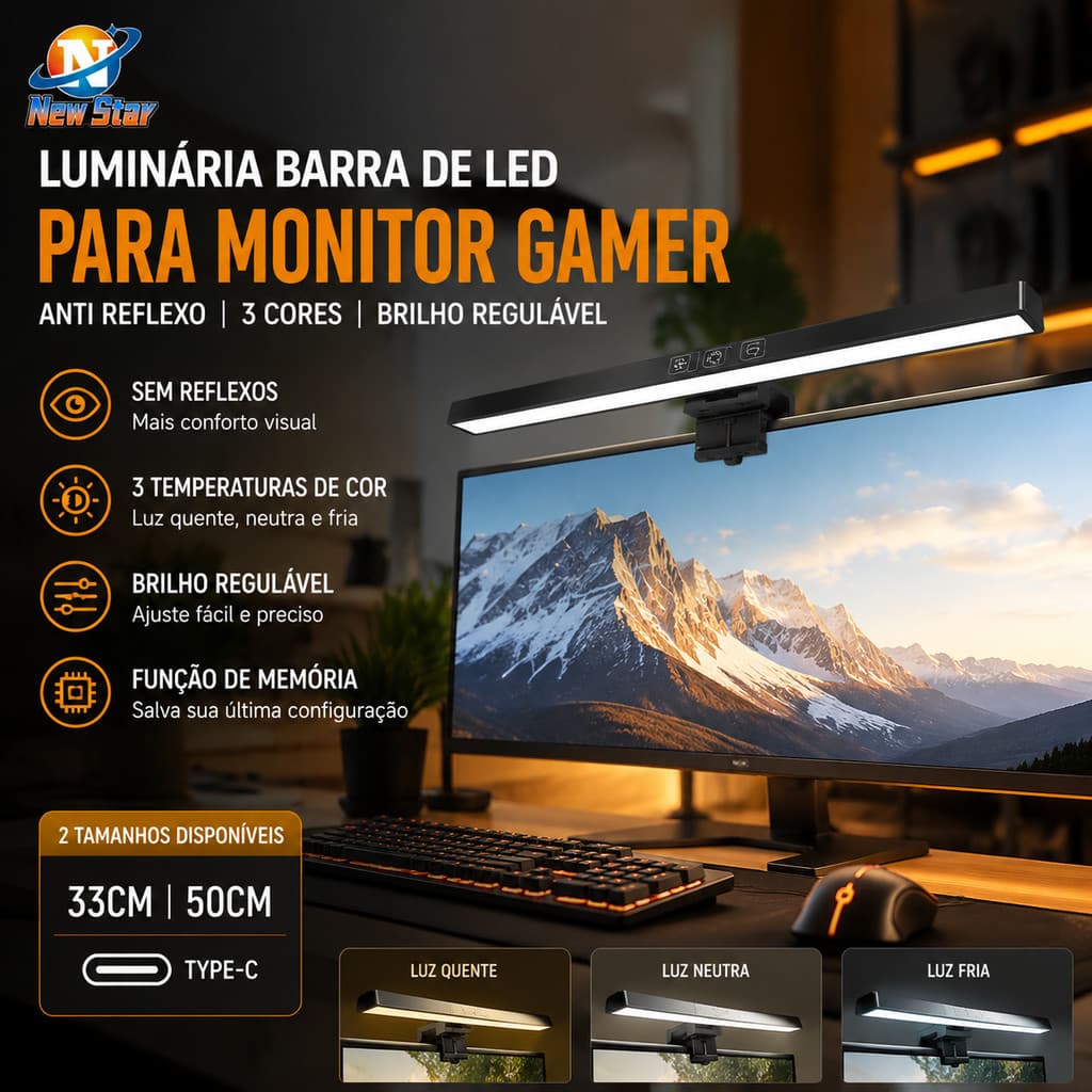 New Star Luminária Barra De Led Para Monitor Gamer Anti Reflexo 3 Cores Brilho Regulável Lightbar P/ PC 33cm 50cm Type-C