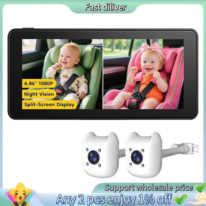 Fácil Instalação Para Banco Traseiro De Carro Duplo Bebê Câmera-6.86 " 1080P Monitor De Tela Dividida
