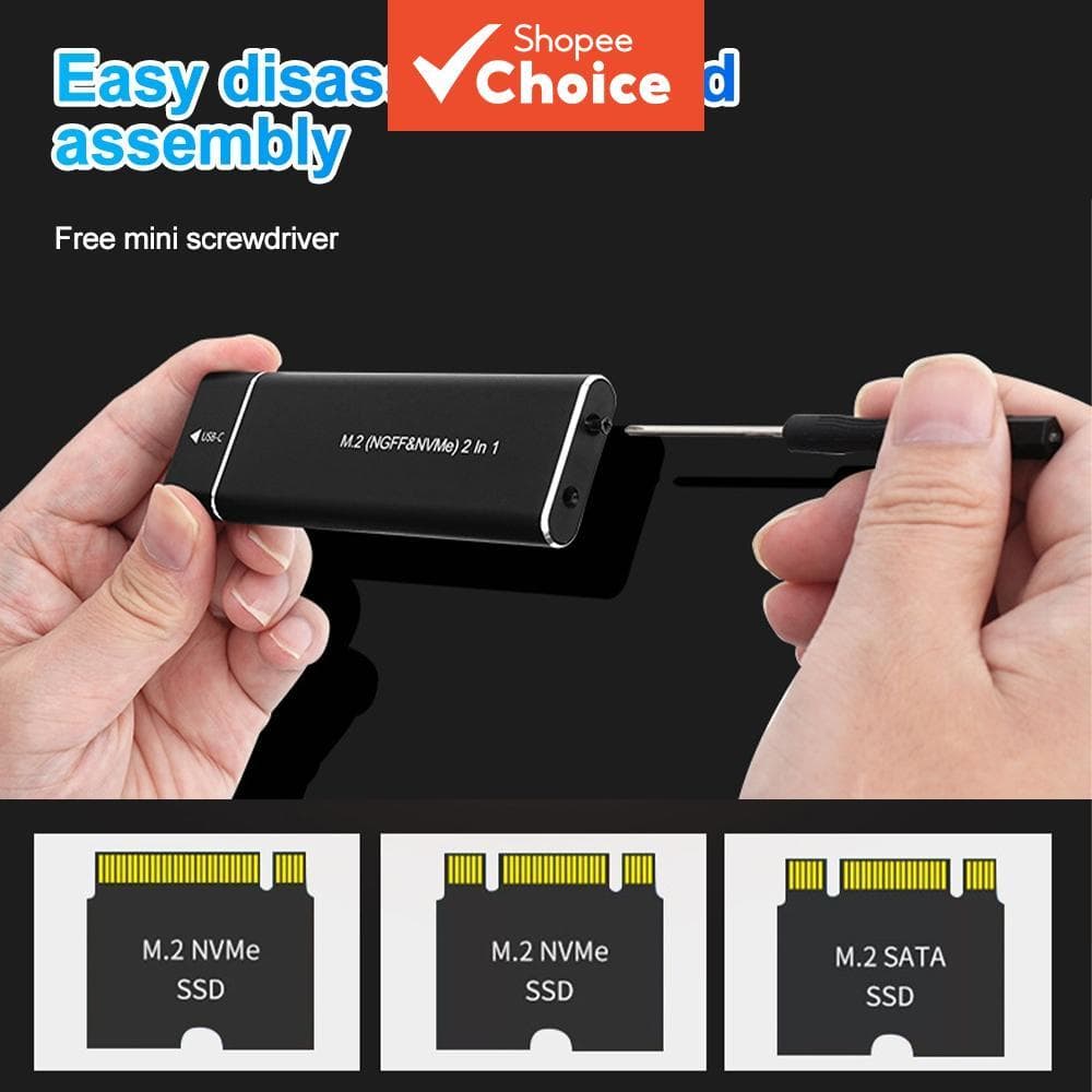 2026 Nova Caixa SSD M2 de Duplo Protocolo M.2 NVMe/SATA 10 Gbps Adaptador Externo Tipo-C com Dissipação Rápida de Calor,