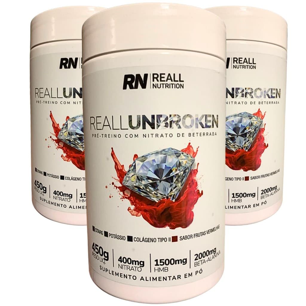 Combo 3 Pré-Treino Unbroken Reall Nutrition 450g Citarg Hmb Suplemento Nitrato Beta Alanina