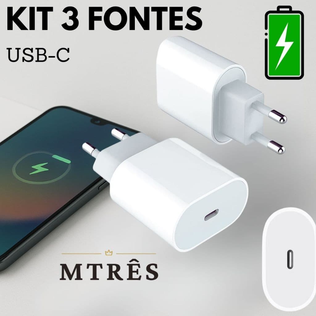 Kit 3 Fontes Carregadora Tipo C Rápido  Bivolt  Plug USB C Parede Alimentação Bloco de Celular Turbo