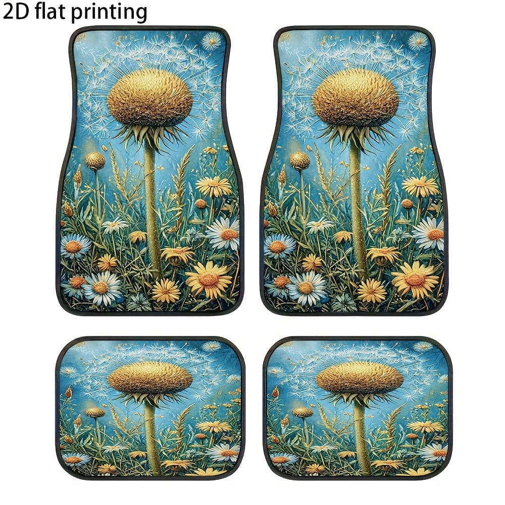 4 peças de tapetes para pés de carro, padrão de campo de flores de dente de leão em fundo azul, peças automotivas de Mat